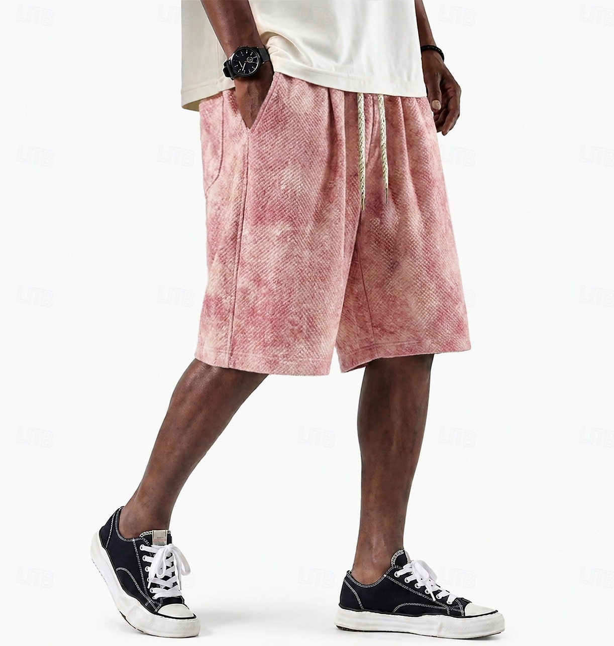 Men's Shorts Casual Shorts Textured Shorts Pocket Elastic Waist Plain Abstract Comfort Breathable Knee Length Casual Outdoor Beach Vacation Fashion Pink Apricot Stretchy 2026 - $21.99 –P1