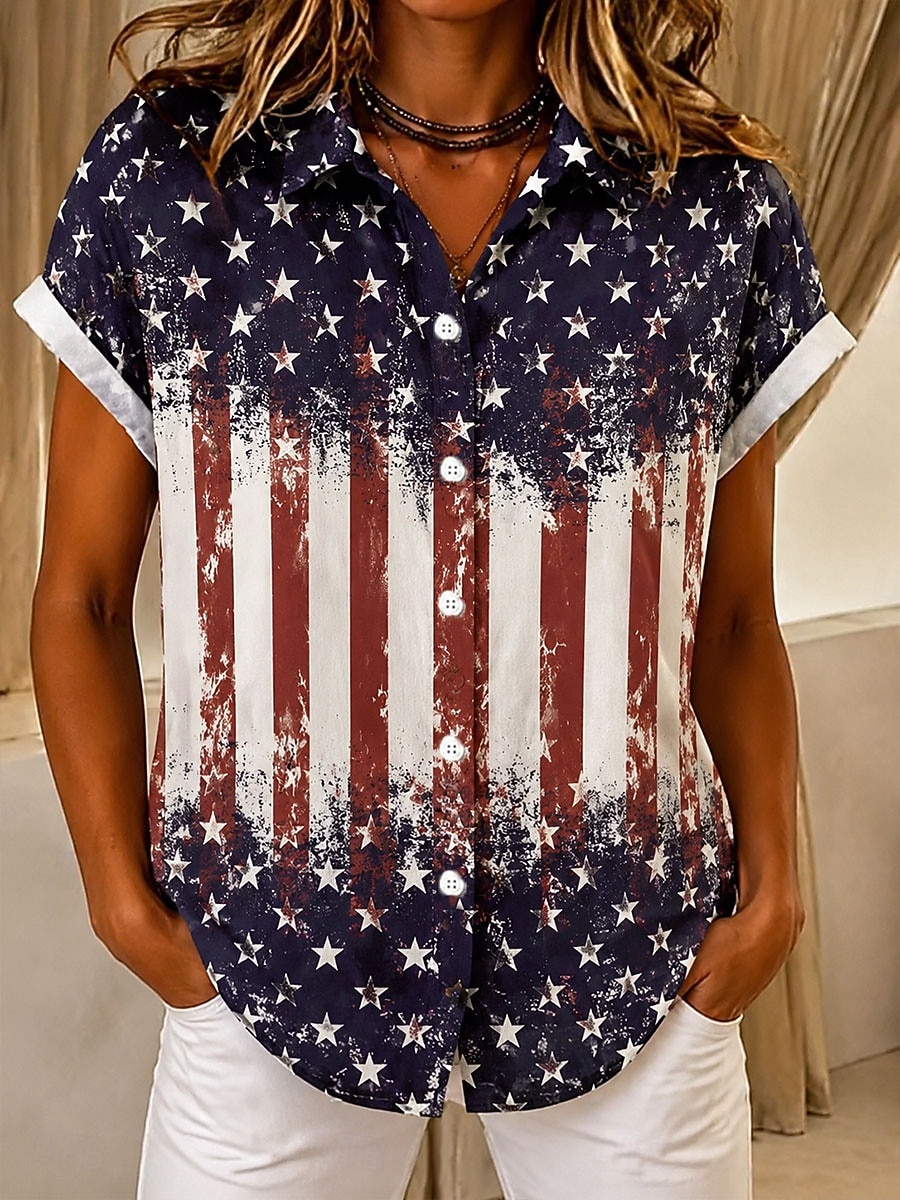 Giorno dell'Indipendenza Americana Per donna Camicia Bottoni Stampato Grafico Bandiera Vintage Quotidiano Elegante Manica Corta Colletto a Camicia Top Regolari Casuale Quotidiano Blu Bianco Rosso del 2026 a $27.99 –P2