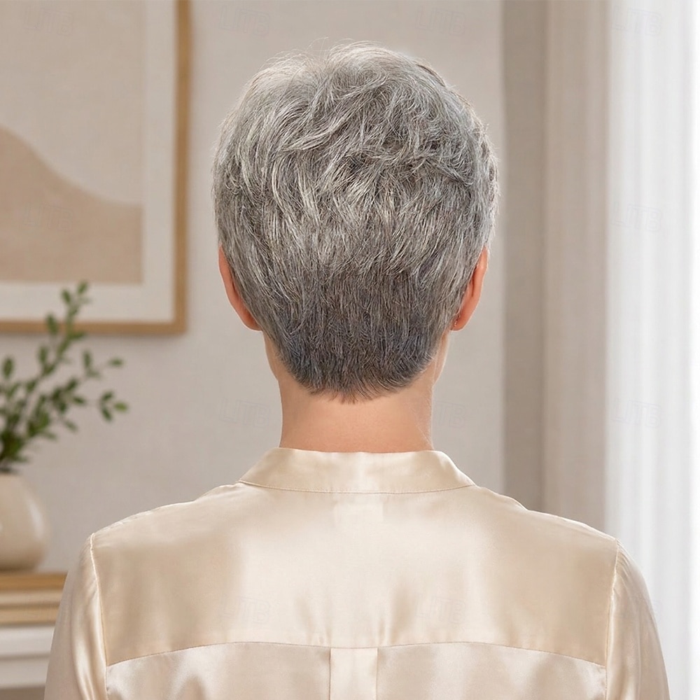 Perucă scurtă gri argintiu, tunsoare pixie, pentru femei mai în vârstă - păr sintetic în straturi cu breton, aspect natural, sare și piper, purtare zilnică 2026 - $29.99 –P2