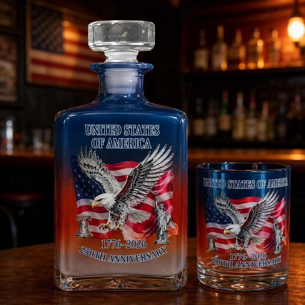 USA 250. évfordulós whiskysüveg &pohárkészlet, hazafias amerikai dekantáló ajándékkészlet sas zászló mintával, 1776-2026 limitált kiadású bourbon skót likőrös üveg és whiskyspohár férfiaknak, apa 2026 - $32.99 –P1