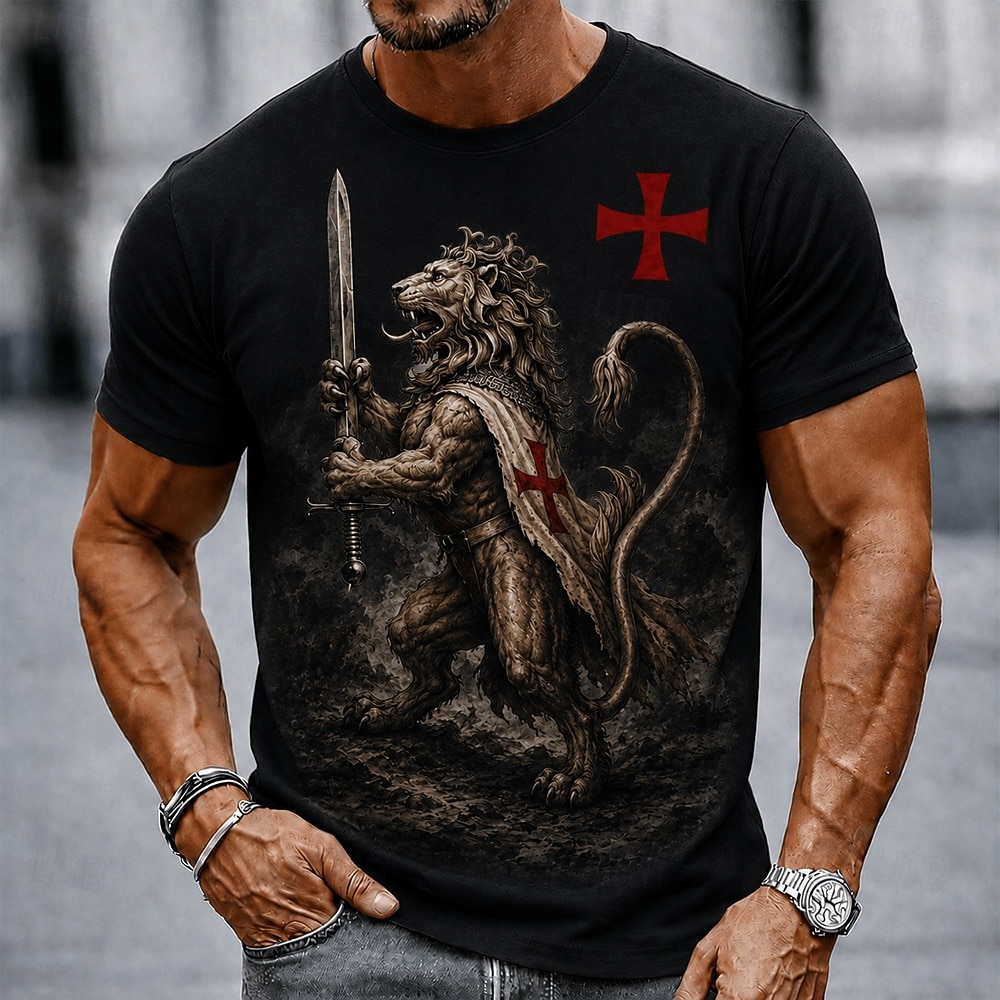 Herren Löwe Tempelritter Kreuz T Shirt Kurzarm T-Shirt 3D-Druck Rundhalsausschnitt Hemd Religiös Straße Dunkle Party Schwarz Burgunderrot Khaki Ganzjahres Bekleidung S M L XL XXL XXXL 2026 - $18.99 –P3