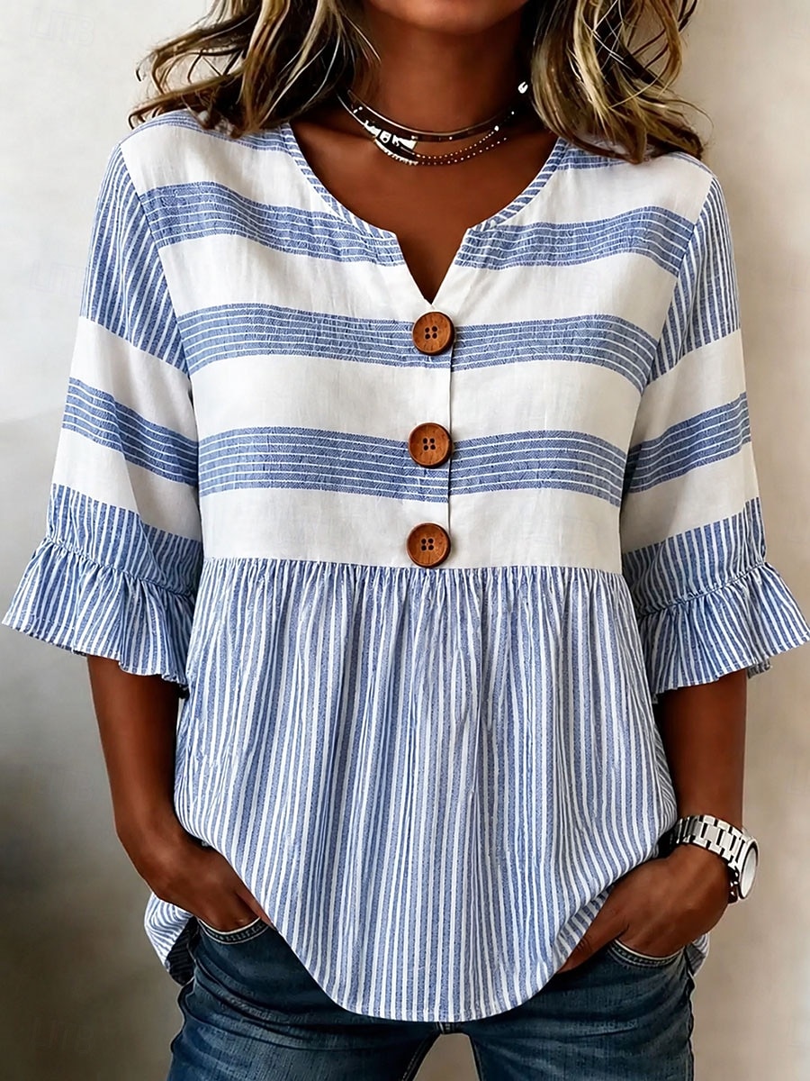 Women's Shirt Buttons Print Graphic Striped Vintage Daily Stylish Half Sleeve V Neck Regular Tops Casual Daily Blue Summer Spring 2026 - $34.99 –P1