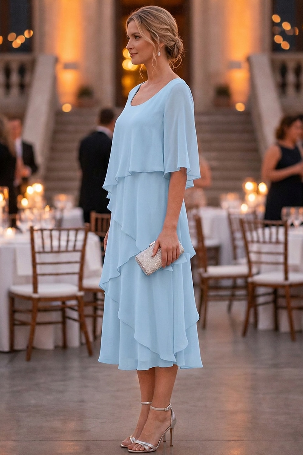 abito a tubino a colonna lunghezza tè abito da festa abito da cocktail abito da invitata a nozze abito da madre della sposa mezza manica scollo a U elegante formale chiffon con volant del 2026 a $137.99 –P4