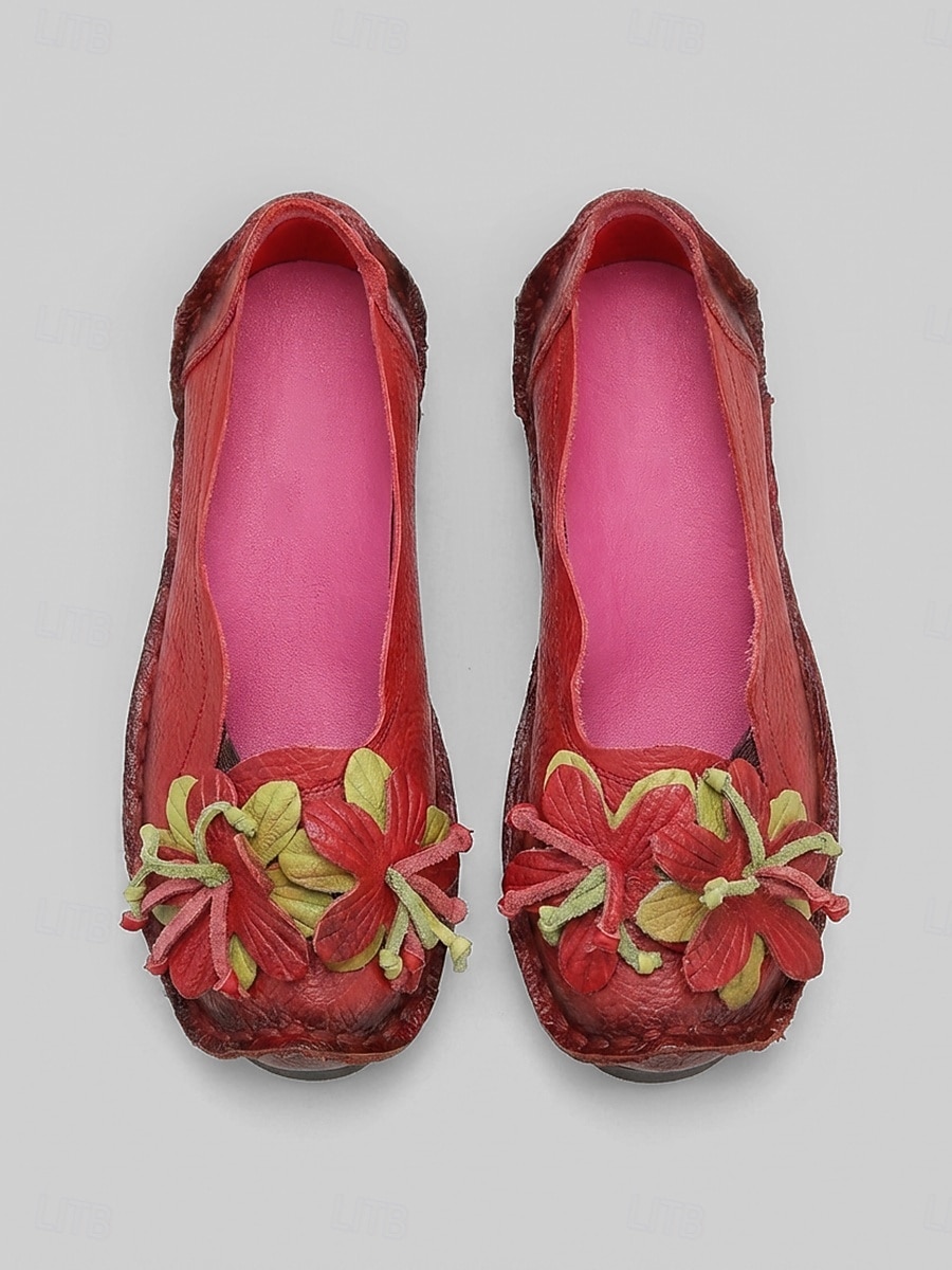 Ballerines confortables en cuir de vachette rouge premium pour femme - légères et confortables toute la journée, ornées d'appliqués floraux faits main, avec semelle antidérapante, idéales pour la de 2026 ? $46.99 –P3