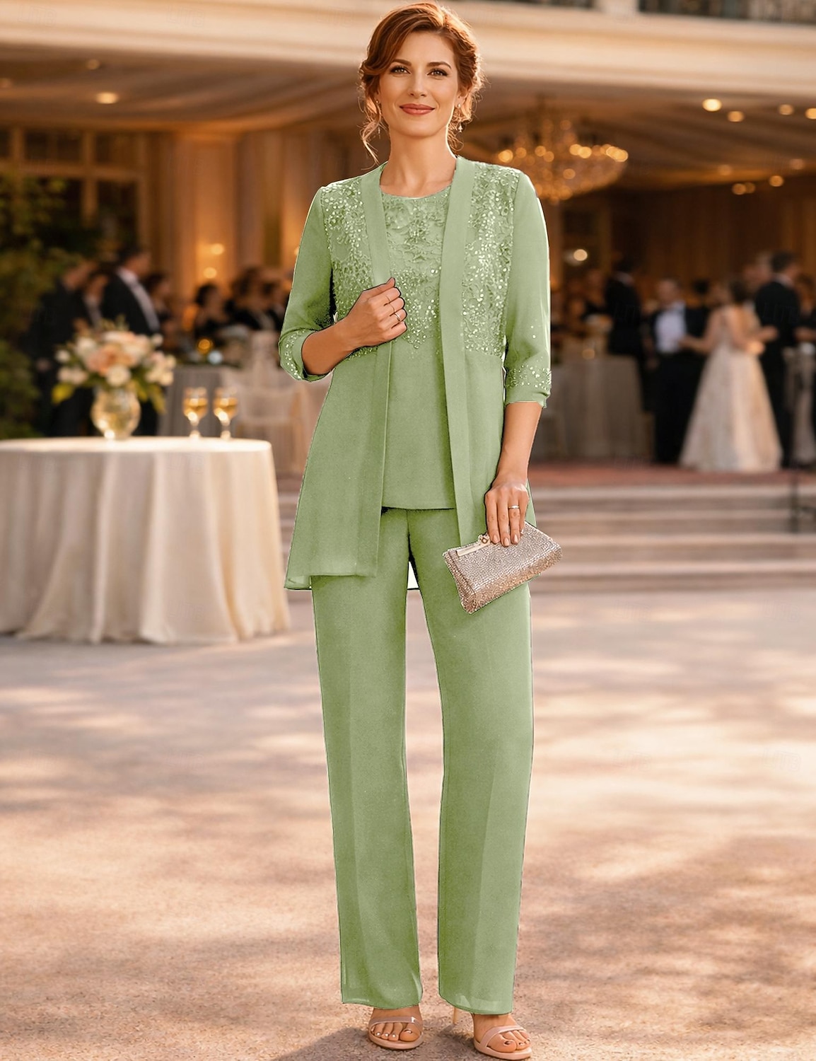 Ensemble pantalon robe mère de la mariée longueur de cheville manches ¾ col ras du cou élégante vintage formelle invité au mariage avec couleur unie de 2026 ? $183.99 –P7