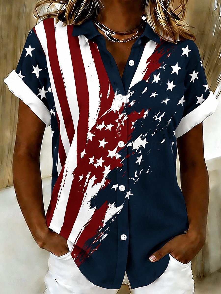 Giorno dell'Indipendenza Americana Per donna Camicia Bottoni Stampato Grafico Bandiera Vintage Quotidiano Elegante Manica Corta Colletto a Camicia Top Regolari Casuale Quotidiano Blu Bianco Rosso del 2026 a $27.99 –P1
