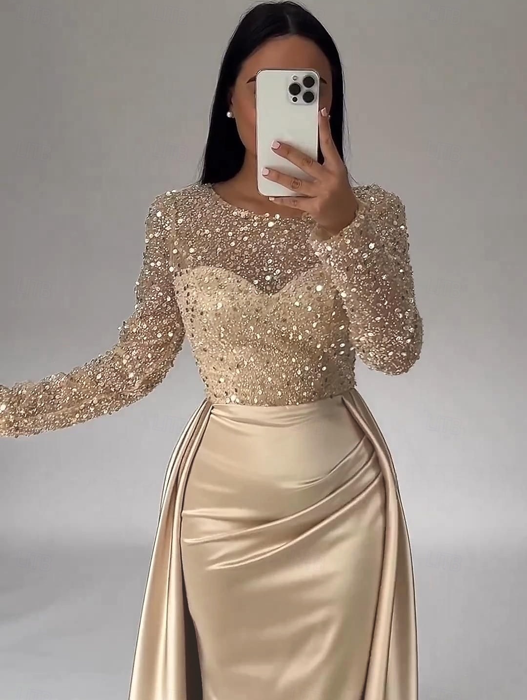 Sirena Tromba Lunghezza al pavimento Abito da Sera Elegante Brillare & Splendere Manica Lunga Scollo Illusione Carnevale Mascherata Abito Champagne per la Madre della Sposa Raso Con Paillettes con del 2026 a $183.99 –P4