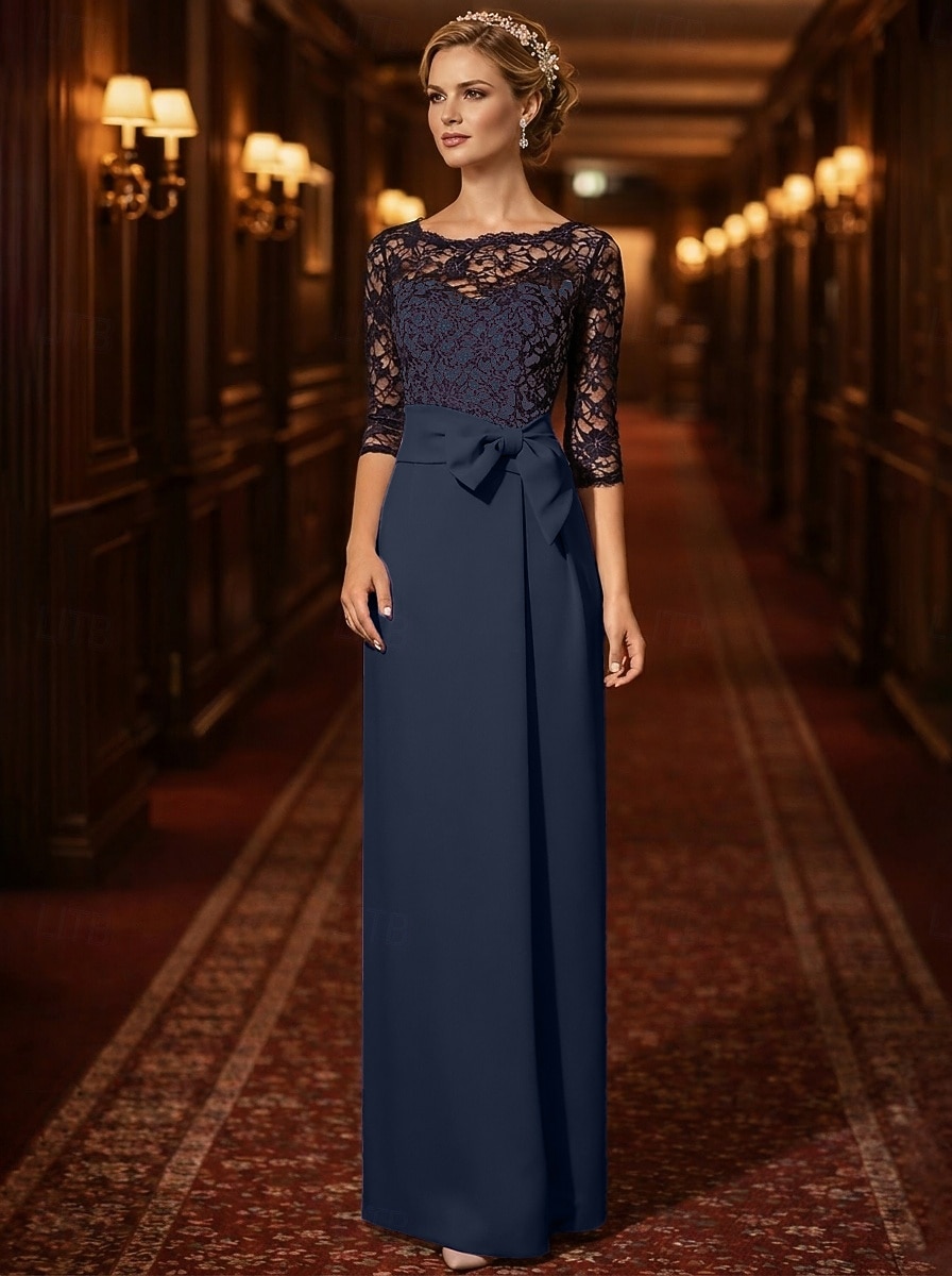 Sheath Column Floor Length Wedding Guest Dress Formal Dresses Evening Gown Mother of the Bride Dress 3/4 Length Sleeve Jewel Neck Elegant Wedding Guest Satin Lace with Bow(s) 2026 - $206.99 –P8