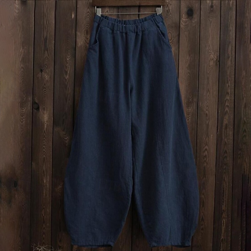 Women's Plus Size Linen-feel Pants Wide Leg Chinos Summer Pants Vacation Casual Lounge Full Length Natural Solid Color Pocket Baggy Micro-elastic Daily Vacation Holiday Black White Green Dark Blue 2026 - $23.99 –P5