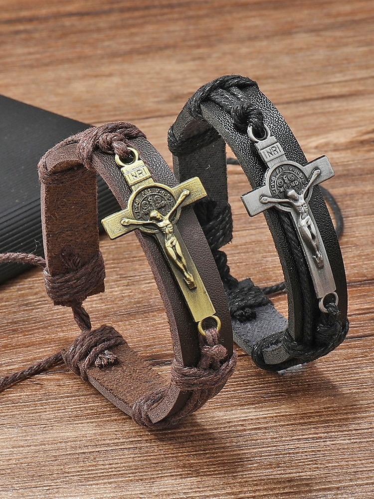 Pulseira masculina de couro genuíno com liga metálica e cruz, ajustável nas cores preta ou marrom, joia vintage casual para uso diário, viagens e looks de férias. de 2026 por $7.99 –P4
