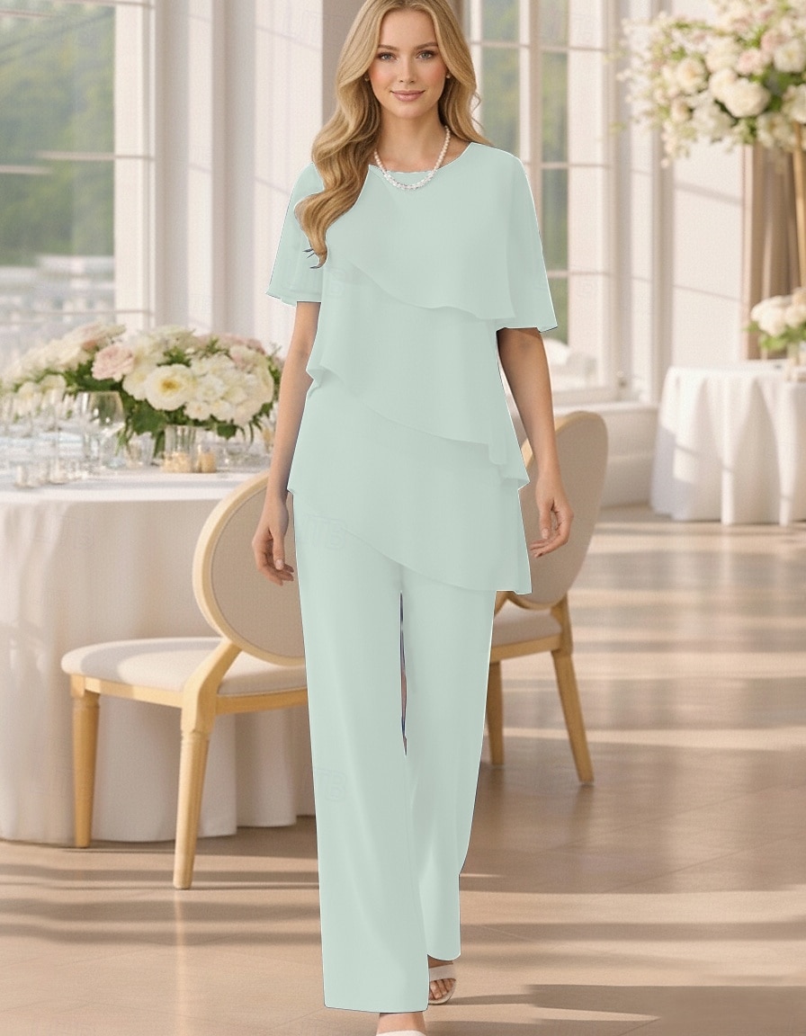 Tweedelig Broek Tot de grond Moeder van de bruid jurk Korte mouw Met sieraad Elegant Grote maten Bruiloft gast Chiffon met Gelaagde ruches 2026 - $160.99 –P11