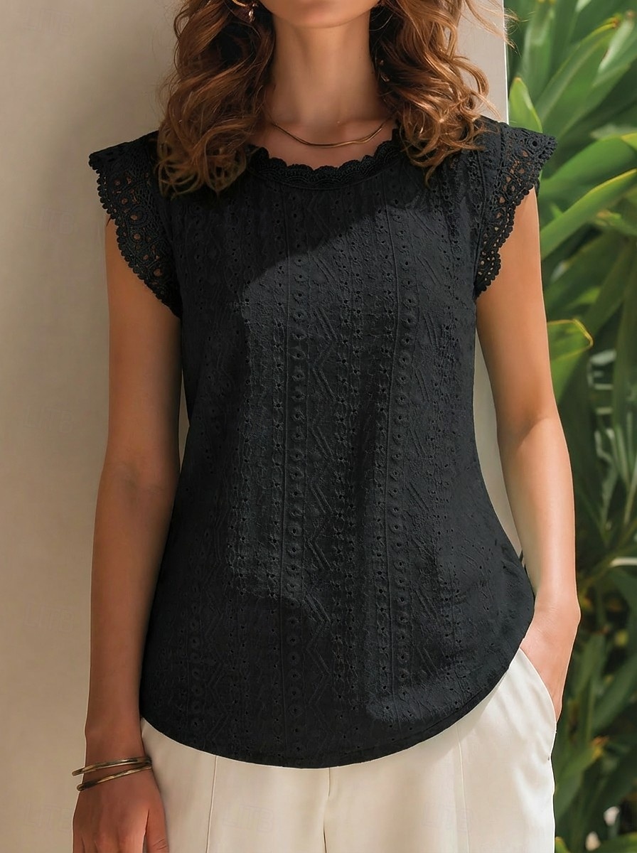 Women's Eyelet Embroidery T Shirts Tee Top Lace Trims Elegant Stylish Short Sleeve Cap Sleeve Crew Neck Long Tops Casual Going out Vacation Wear Teal Black White Pink Sky Blue Summer Spring 2026 - $21.99 –P4