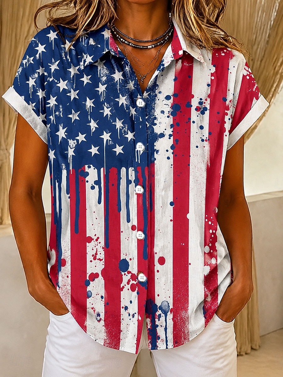 Giorno dell'Indipendenza Americana Per donna Camicia Bottoni Stampato Grafico Bandiera Vintage Quotidiano Elegante Manica Corta Colletto a Camicia Top Regolari Casuale Quotidiano Blu Bianco Rosso del 2026 a $27.99 –P3