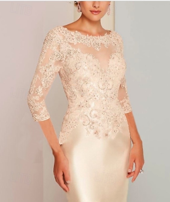 Coloană Teacă Lungime Genunchi Rochie de petrecere Rochie de Cocktail Rochie pentru invitata de nunta Rochie Mama Miresei Lungime Manșon 3/4 Bijuterie Elegant Invitat la nunta Charmeuse cu Aplică 2026 - $172.99 –P7