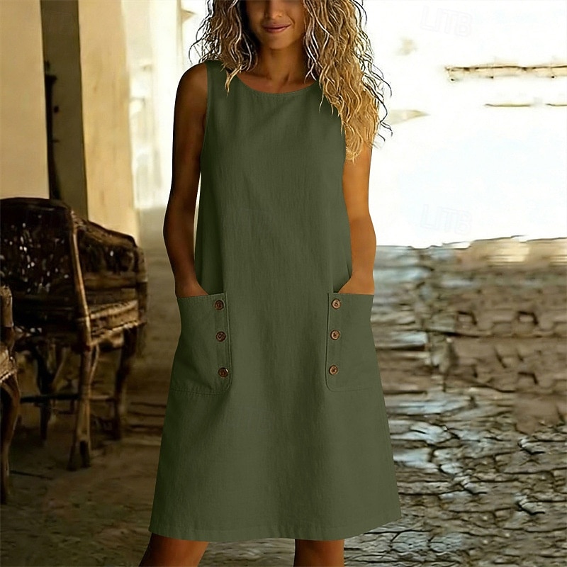 Women's Vintage Vacation Plain Sleeveless Crew Neck Knee Length Dress Loose Fit dark brown Black Dark Red Navy Blue Spring 2026 - $21.99 –P11