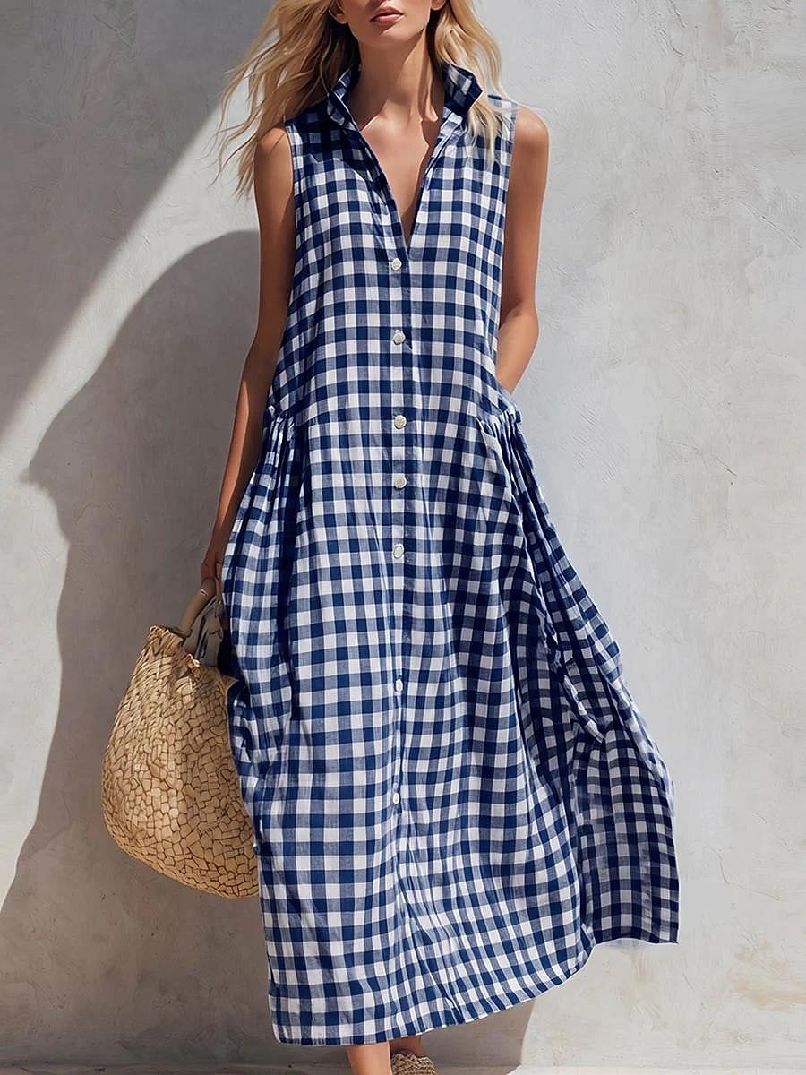 Per donna Abito maxi Abito Boho Vintage Vacanza Vestibilità comoda Plaid Senza Maniche Colletto a Camicia Blu chiaro Giallo Verde chiaro Rosso Estate del 2026 a $26.99 –P6