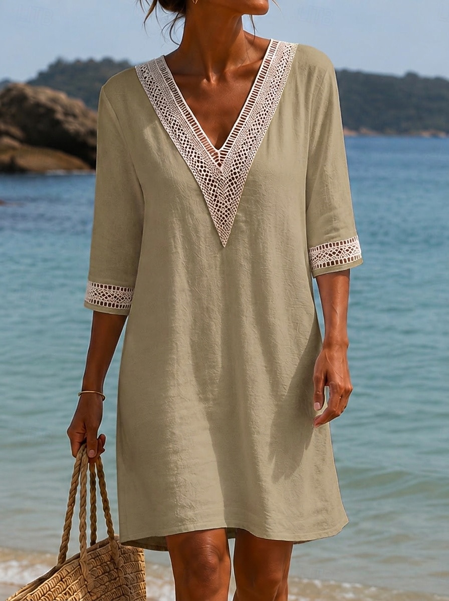 Women's Knee Length Dress Lace Dress White Dress Summer Dress Elegant Fashion Daily Beach Vacation Regular Fit Plain Half Sleeve V Neck Blue Khaki White Orange Summer Spring 2026 - $22.99 –P3