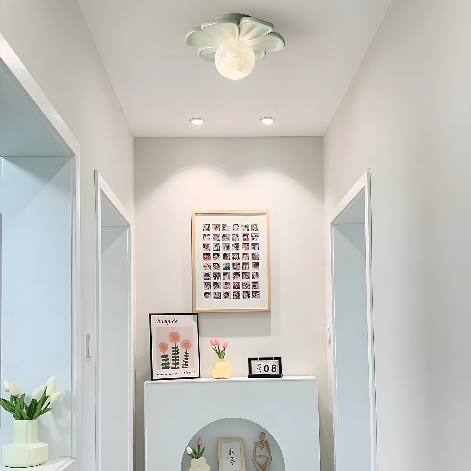 Lampă de tavan semi-încastrată, corp de iluminat modern pentru hol, cu floare verde din rășină, bec inclus, lumini 3D cu lună pentru insulă de bucătărie, dormitor, living, verandă, coridor 2026 - $90.99 –P19