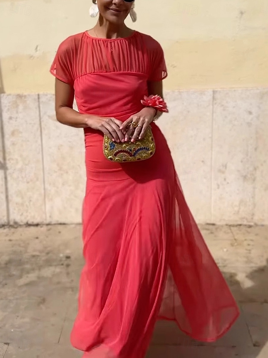 Women's Maxi Dress Chiffon Dress Prom Dress Cocktail Dress Elegant Fashion Modern Vacation Party Wedding Guest Regular Fit Plain Short Sleeve Crew Neck Red Navy Blue Purple Green Summer Spring 2026 - $29.99 –P2