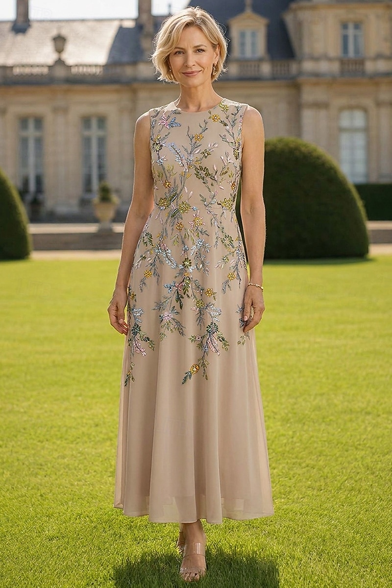 formal wedding.guest dress Two Piece A-Line Ankle Length Wedding Guest Mother of the Bride Dress Sleeveless 3/4 Length Sleeve Crew Neck Elegant Simple Luxurious Wedding Guest Chiffon Lace with Embroidery Appliques 2026 THEOLONIA
