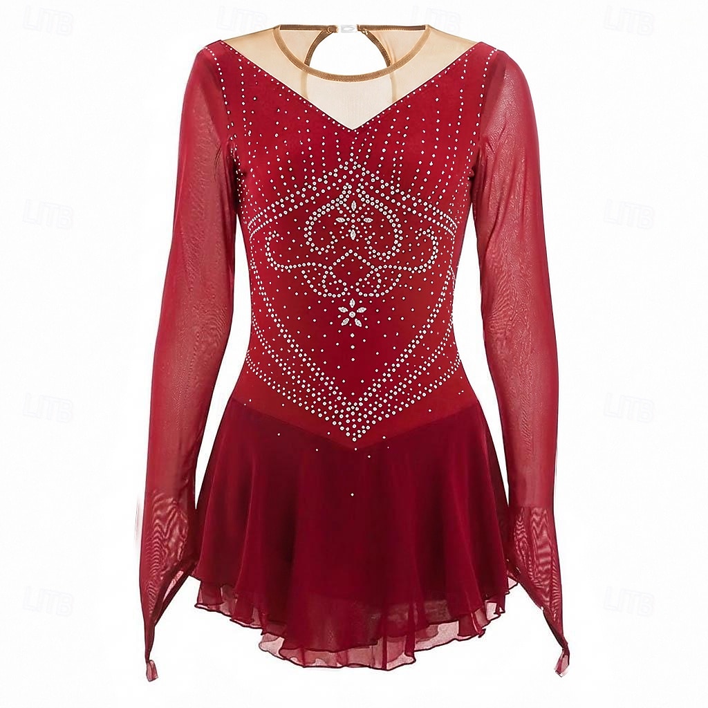 Figure Skating Dress Women's Ice Skating Dress Burgundy Patchwork Thumbhole Stretchy Training Competition Skating Wear Classic Crystal / Rhinestone Long Sleeve Ice Skating Figure Skating 2026 - $196.99 –P1