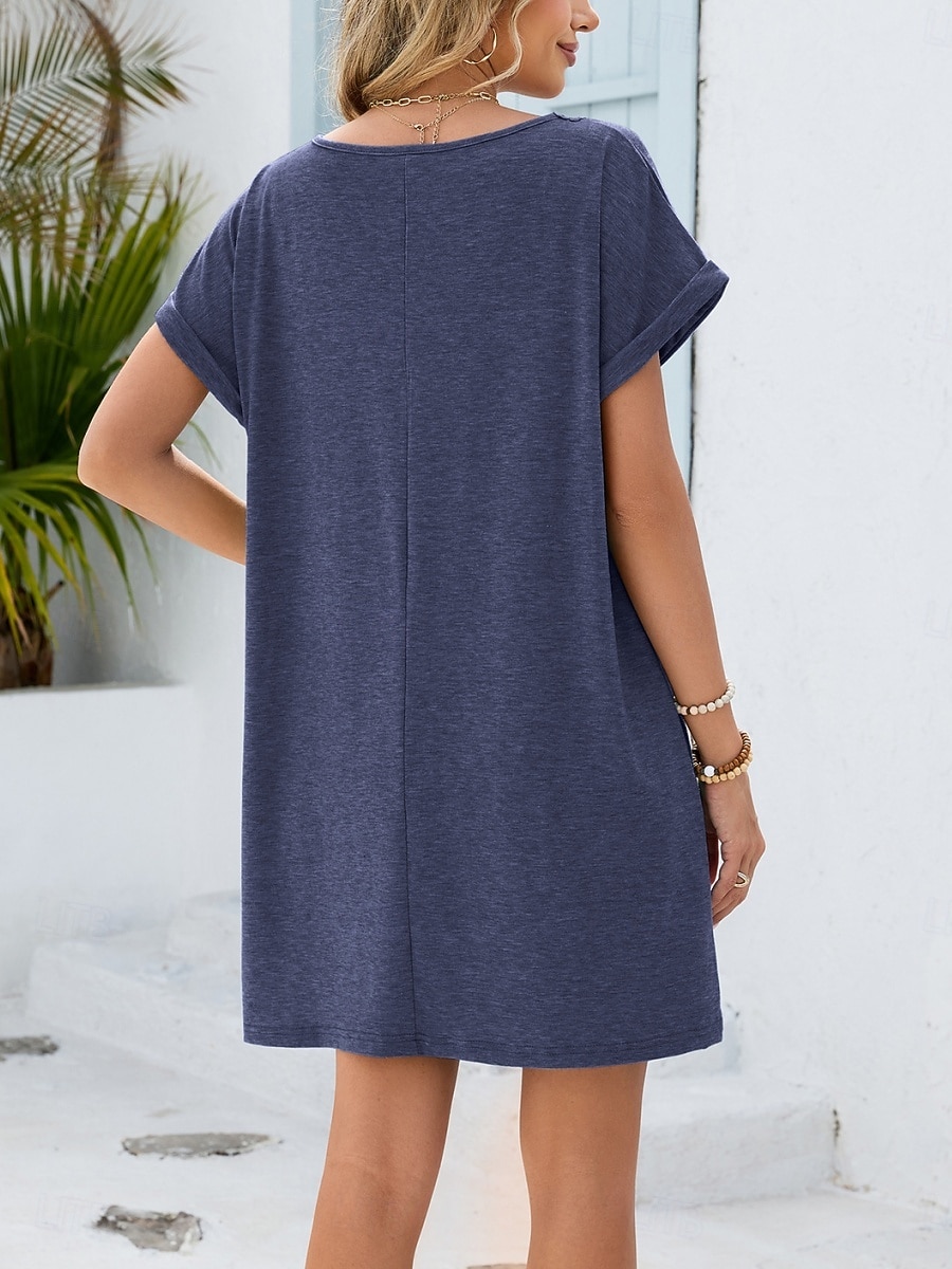 Women's Mini Dress Shift Dress Summer Dress Casual Daily Loose Fit Plain  Short Sleeve V Neck Blue Navy Black Wine Summer 2026 - AU $45.59