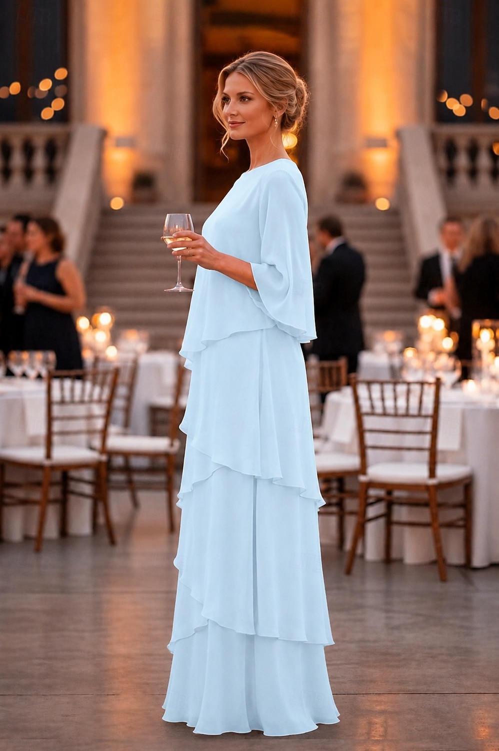 Funda Columna Hasta el Suelo Vestido Invitada Boda Vestido formal Vestido de noche Vestido de Madrina Manga 3/4 Cuello Barco Elegante Formal Gasa con Volantes 2026 - $172.99 –P3