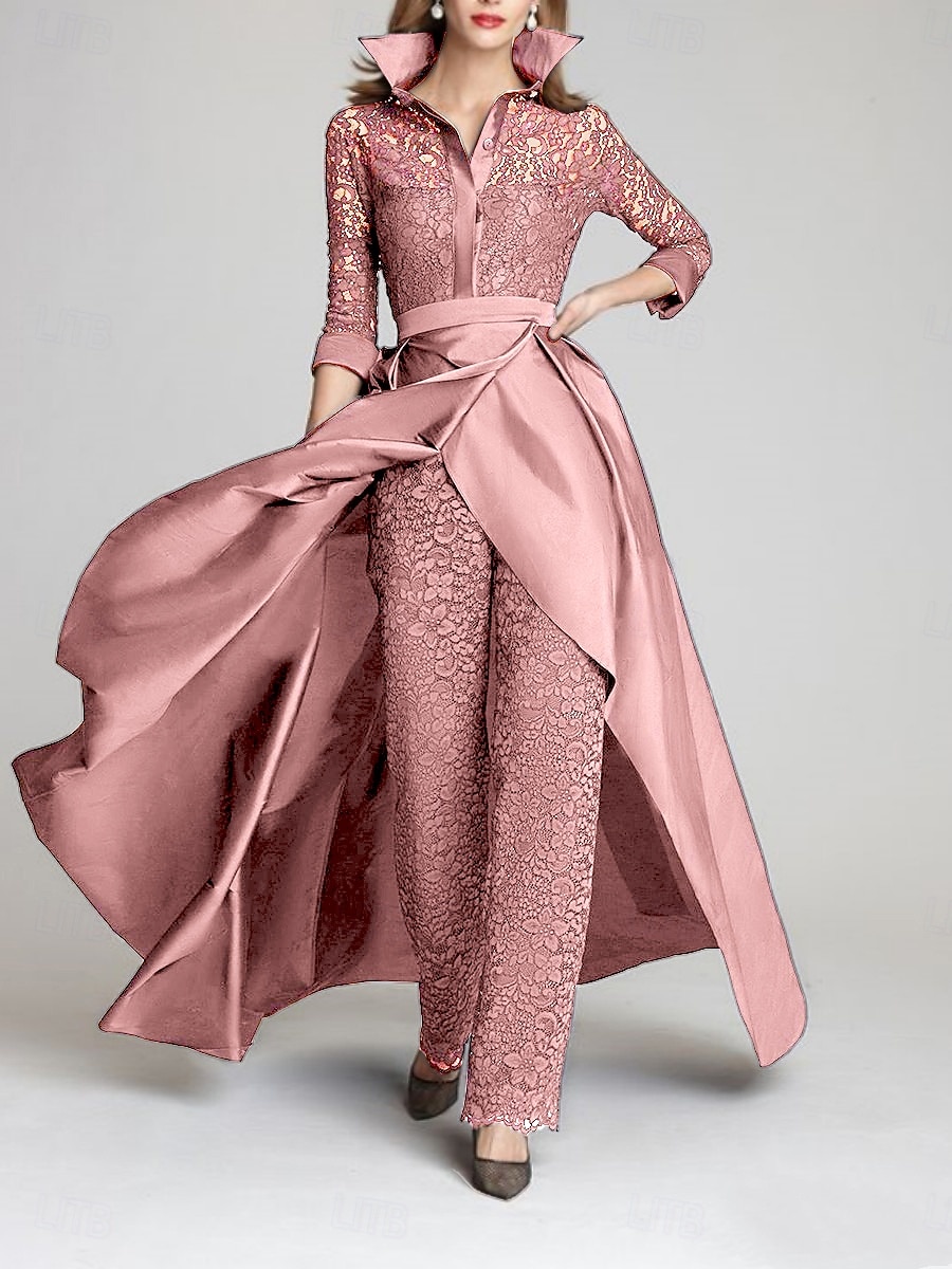 Pantaloni Lungime Podea Rochie Mama Miresei Lungime Manșon 3/4 Guler Cămașă Epocă Petrecere Oficial Invitat la nunta Seară Formală Satin Dantelă cu Ruching 2026 - $206.99 –P11