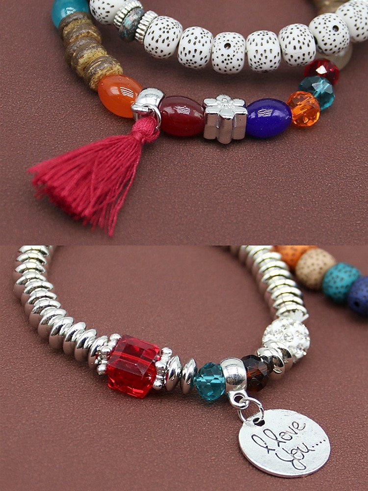 Mehrlagiges Perlenarmband-Set im Boho-Stil für Damen – farbenfrohe Armbänder mit Quaste und Flügelanhänger für Freizeit und Strand. 2026 - $9.99 –P7