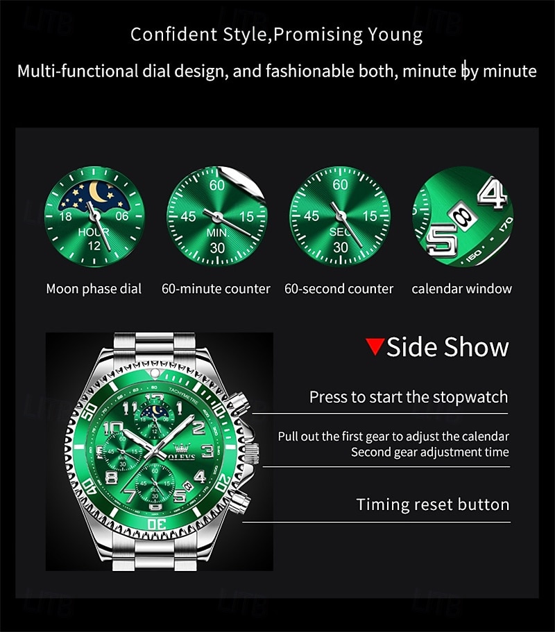 OLEVS Men's Chronograph Watch Luxury Green Face Two Tone Stainless Steel Moon Phase Waterproof Luminous Analog Quartz Wrist Watch for Men Big Face Fashion Sport Business Watch Gifts for Him 2026 - $39.99 –P10