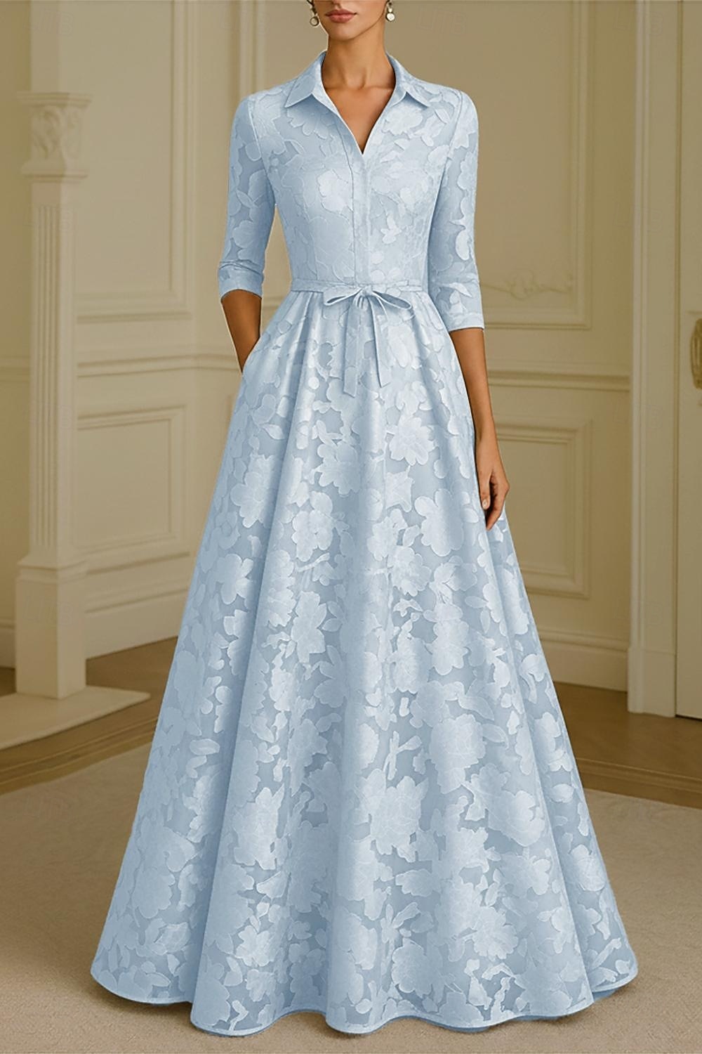 Corte A Hasta el Suelo Vestido de Camisa Vestido formal Vestido de noche Vestido de Madrina Manga Larga Cuello Camisero Elegante Vintage Formal Satén Jacquard con Lazo(s) Flor 2026 - $176.39 –P1