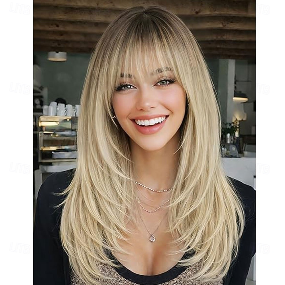 Parrucca bionda ombre con frangia per donna, parrucca liscia a strati di media lunghezza, naturale, ideale per feste e occasioni speciali. del 2026 a $34.99 –P3