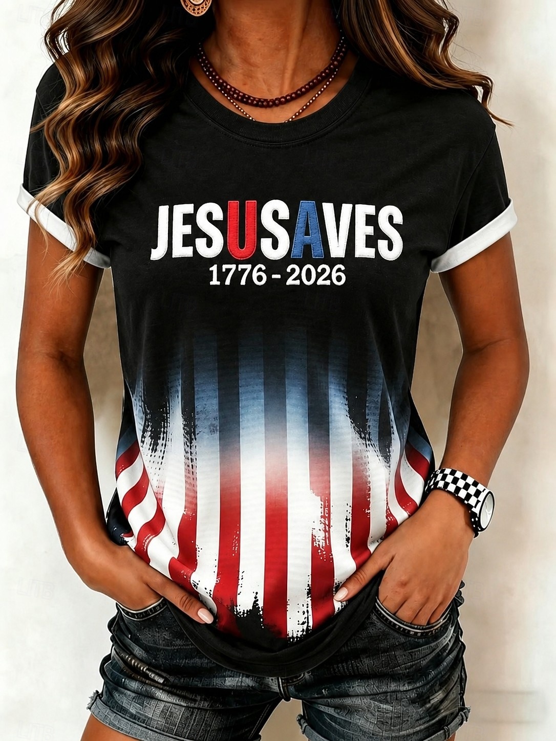 Amerikanska självständighetsdagen Dam T-shirt Mönster Grafisk Flagga Bokstav Vintage Mode Stylish Kortärmad Rund hals Långa toppar Ledigt Dagligen Helgen Blå Vit Röd / blå Sommar Vår Höst 2026 - $21.99 –P2