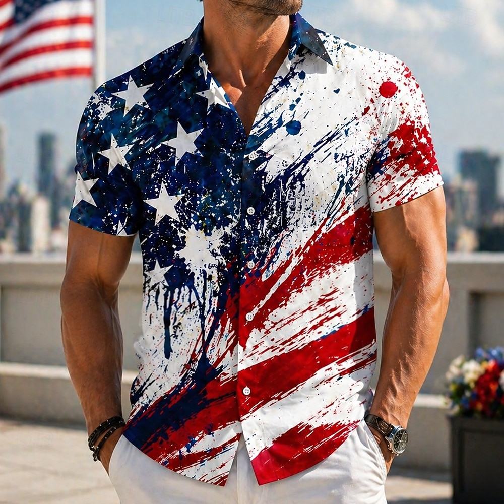 Herr 4 juli USA:s 250-årsjubileum Amerikanska flaggan Skjorta Sommarskjorta Knapp upp skjorta Kortärmad Patriotisk Utomhus Helgdag Sommar Vår Nedvikt 3D-utskrift krage skjortor Blå Rubinrött Mörkblå 2026 - $25.99 –P2