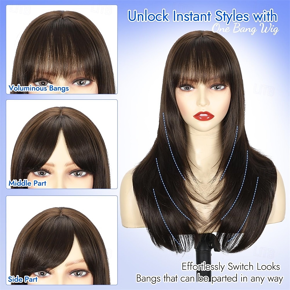 20 Inch Layered Synthetic Wig with Bangs Straight Middle Part Realistic Daily 20 Inch Layered Straight Synthetic Wig with Bangs Dark Brown  main image 3