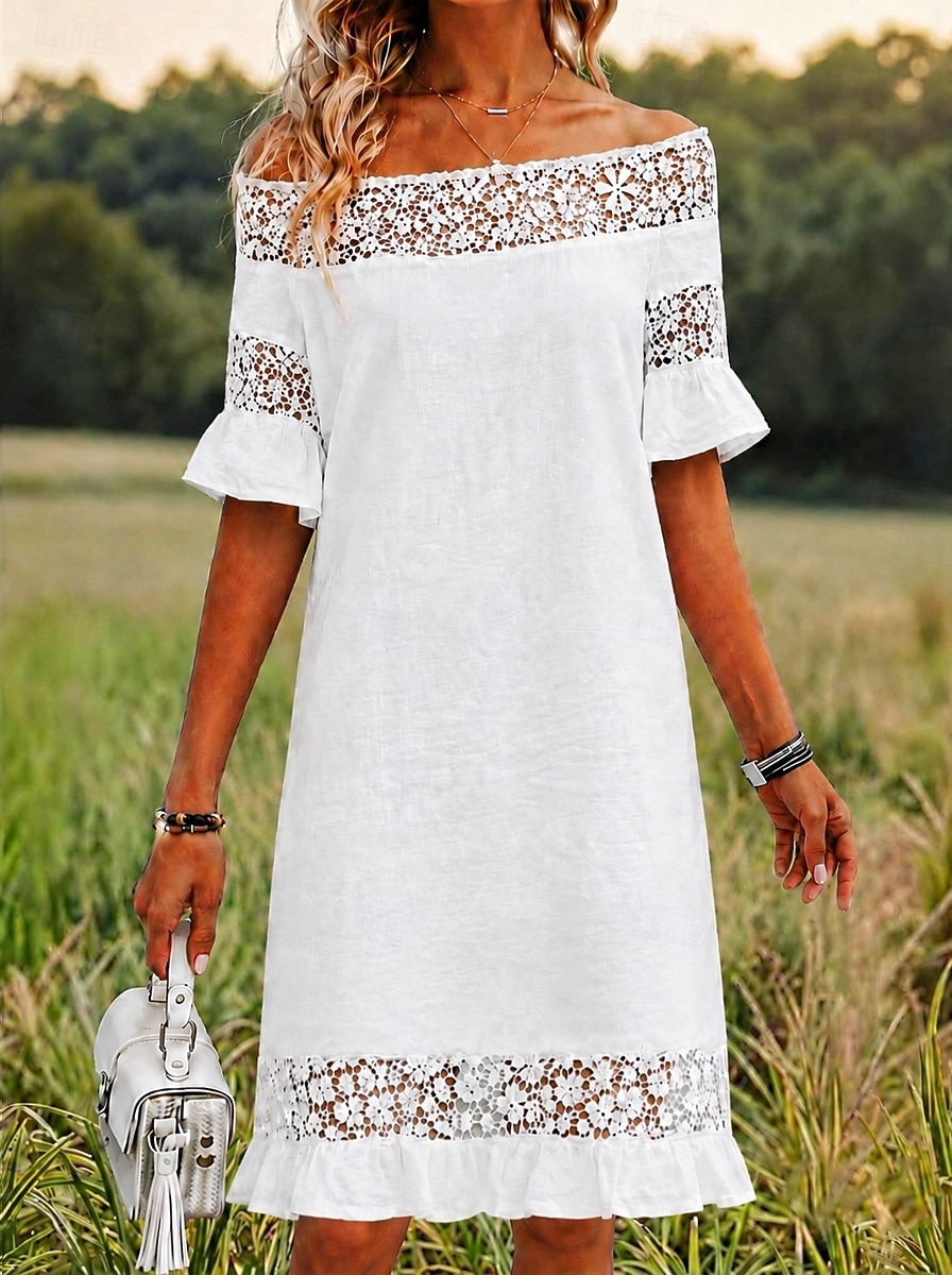 Per donna Abito al ginocchio Abito in Pizzo Abito Bianco Elegante Moda Spiaggia Vacanza Ferie Vestibilità regolare Floreale Mezza Manica Senza Spalle Bianco Estate Primavera del 2026 a $22.99 –P2