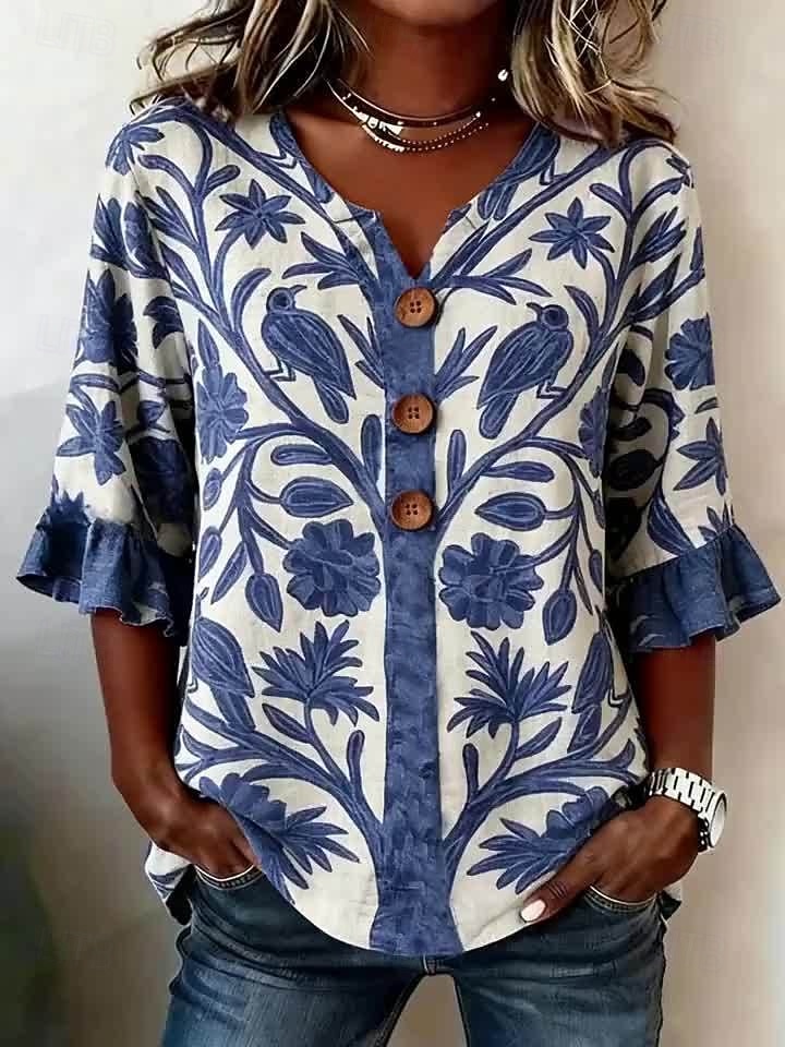 Per donna Camicia Camicia Boho Camicia casual Grafico A righe Elegante Bohemien Attivo Manica 3/4 Scollo a V Top lunghi Casuale Bianco e blu nero+bianco+verde Blu scuro Azzurro Estate Primavera del 2026 a $26.99 –P4