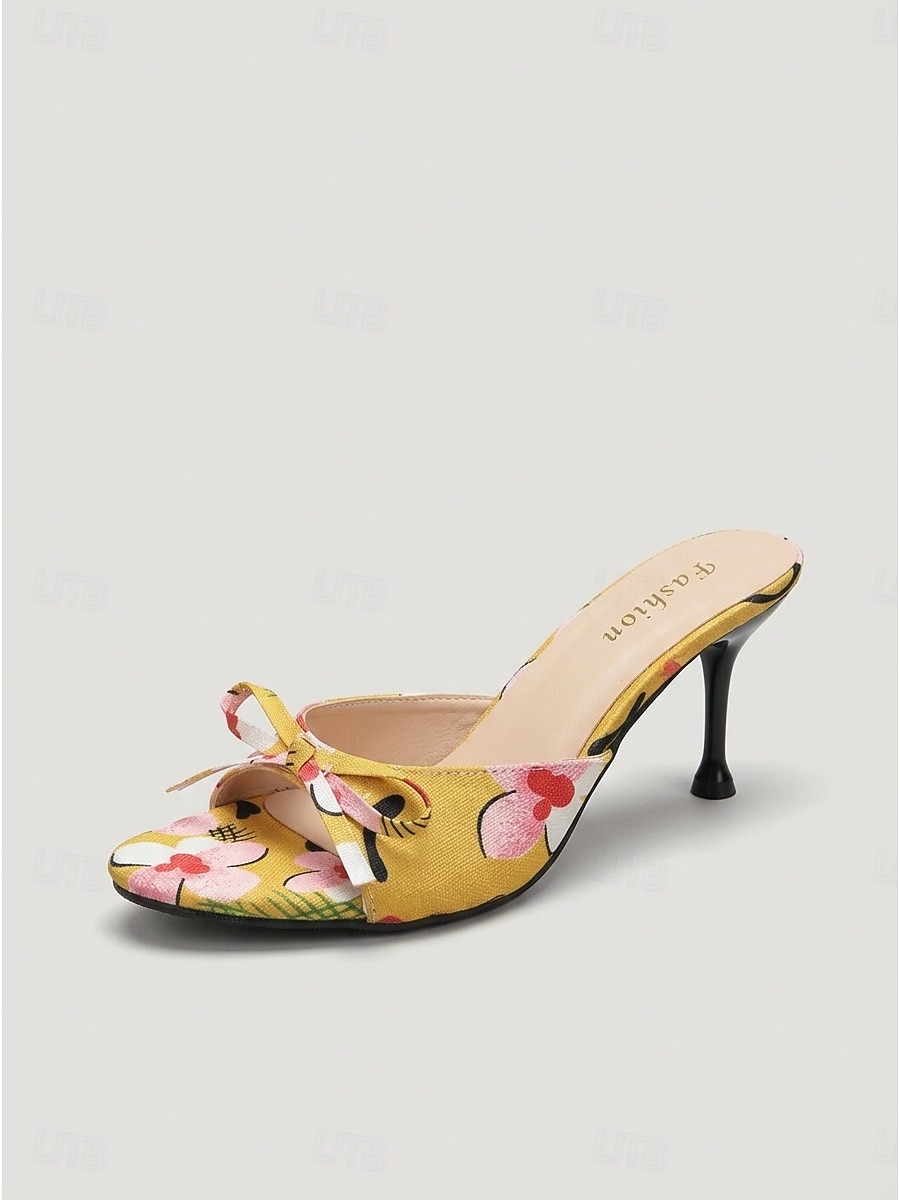 Women's Vibrant Yellow Floral Heeled Mules - Elegant High Stiletto Sandals with Bow Detail for Summer Vacations, Tropical Evening Parties & Tropical Getaway Dinners 2026 - $26.99 –P4