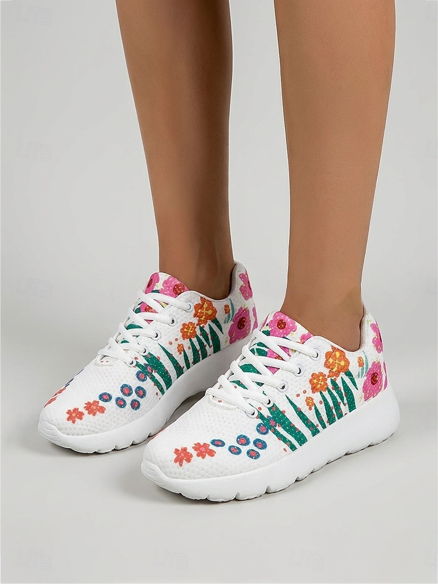 Women's White Floral Print Breathable Sneakers - Lightweight Lace-Up Casual Shoes with Colorful Flower Pattern, Comfortable Non-Slip Footwear for Walking, Travel & Daily Wear 2026 - $34.99 –P4