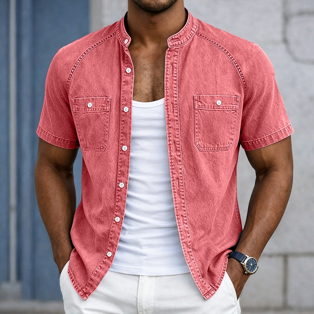 Chemise Homme SoftFade™ Chemise Décontractée Chemise Décolorée Teinte Vêtements 100% Coton Chemise Délavée Bleue Noire Rose Violet Verte Manches Courtes Col Grandad Uni Quotidien Patchwork de 2026 ? $31.99 –P4