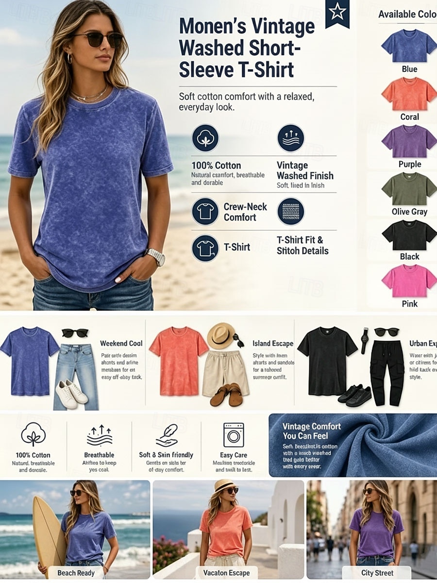 softfade™ naisten 100 % puuvillaa sisältävä happaman veden kestävä t-paita, yksivärinen, yksivärinen, vintage-tyylinen, tyylikäs, hihaton, lyhythihainen, pyöreä pääntie, normaali toppi, rento, päivittäin, bileet, kesä 2026 - $24.99 –P2