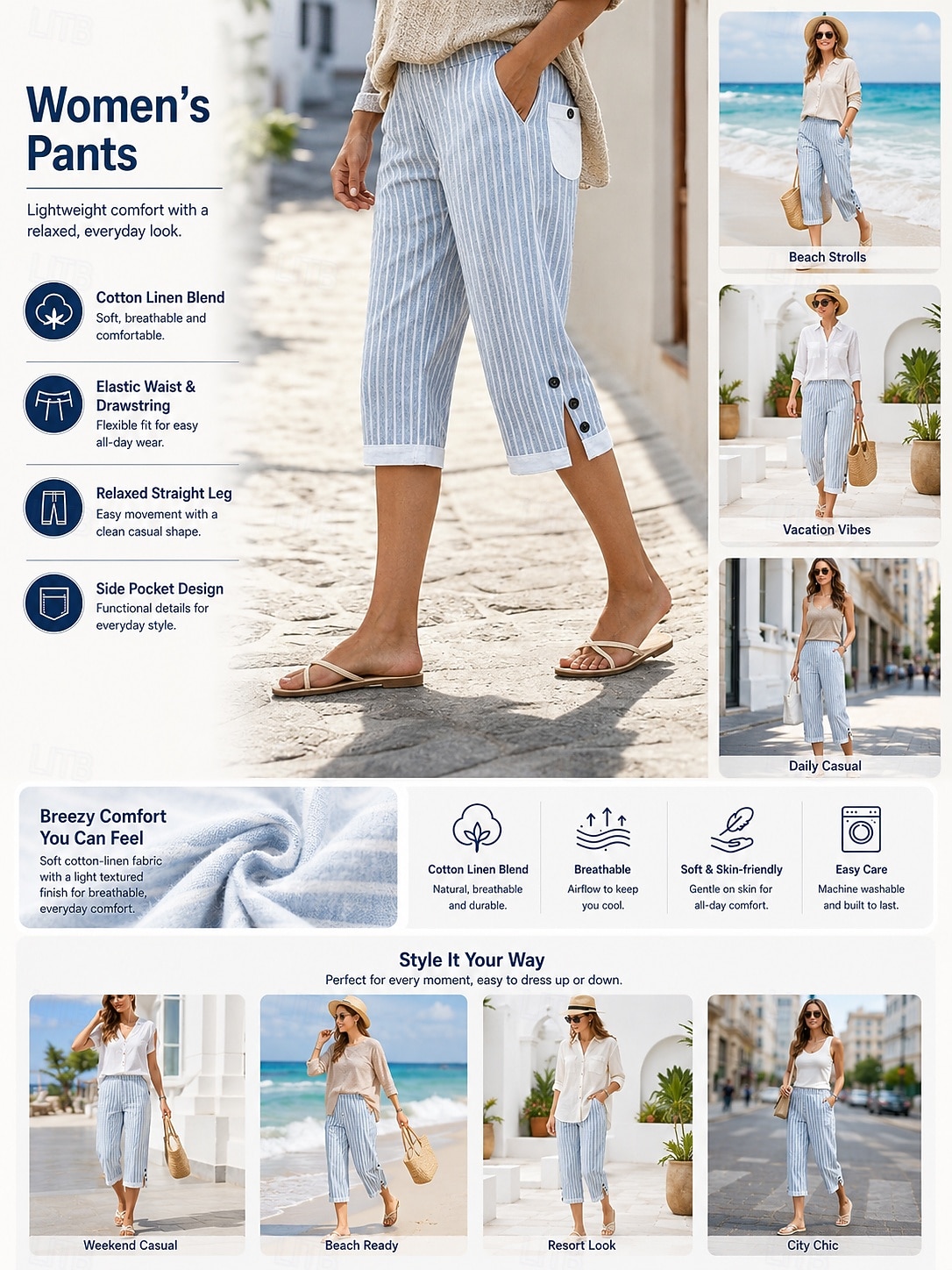 Per donna Pantaloni capri Pantaloni in cotone e lino Chinos Vacanza Essenziale Casual Lunghezza al polpaccio Vita Alta A righe Tasca Stampa Comodo Morbido Confortevole Micro-elastico Quotidiano del 2026 a $11.49 –P2