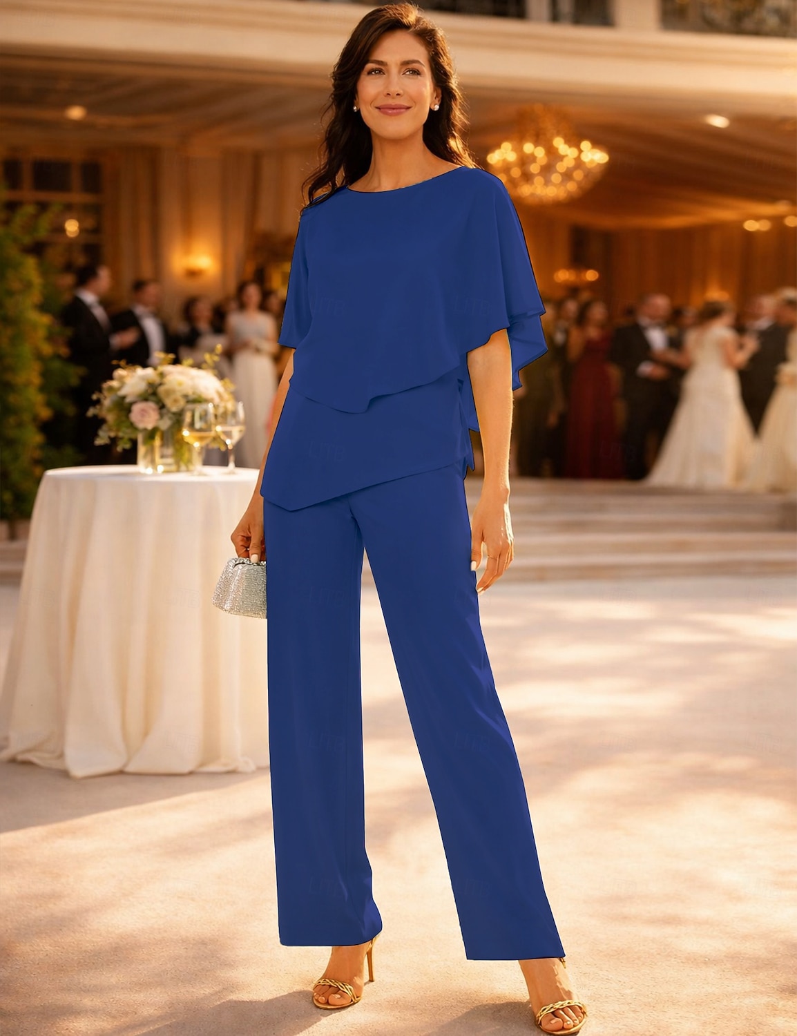 Due Pezzi Lunghezza al pavimento Abito da cerimonia per signora Manica Corta Collo gioiello Elegante Petite Ospite di nozze Chiffon con Arricciato del 2026 a $160.99 –P5