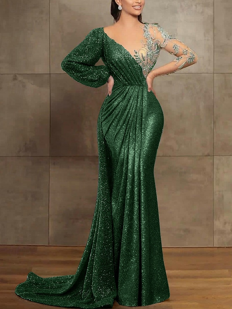 Sirena Tromba Strascico da Corte Abito da Sera Abito da ballo con sopragonna Abito formale Elegante Manica Lunga Scollo Illusione Formale Con Paillettes con Pieghe Paillettes del 2026 a $206.99 –P13