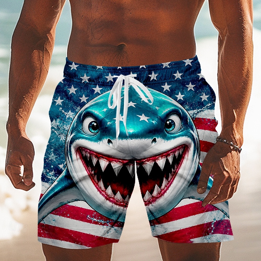 2026 250-årsjubileum Herrars Haj Amerikanska flagga Badshorts Badkläder Simshorts Board Shorts Mellan Midja Patriotisk Daglig Semester Sidfickor Nätfoder Elastisk Dragsko Midja Designer 2026 - $20.99 –P2