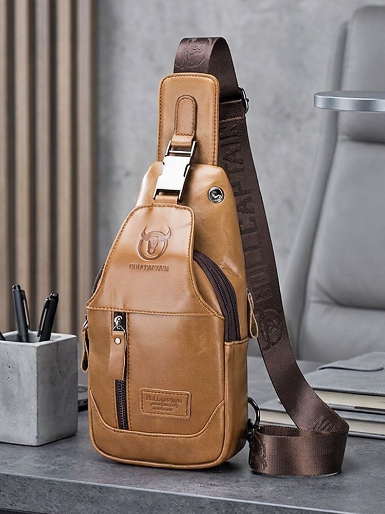geantă sling bărbătească din piele naturală - geantă vintage crossbody cu compartimente multiple &capacitate mare, curea reglabilă pentru naveta de afaceri, călătorii &casual de zi cu zi, culori 2026 - $42.99 –P3