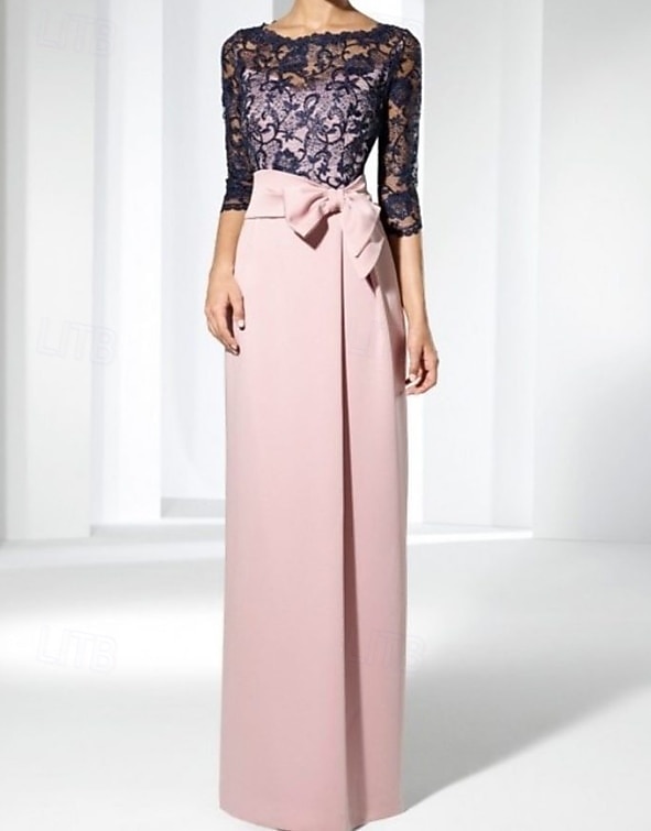 Sheath Column Floor Length Wedding Guest Dress Formal Dresses Evening Gown Mother of the Bride Dress 3/4 Length Sleeve Jewel Neck Elegant Wedding Guest Satin Lace with Bow(s) 2026 - $206.99 –P4