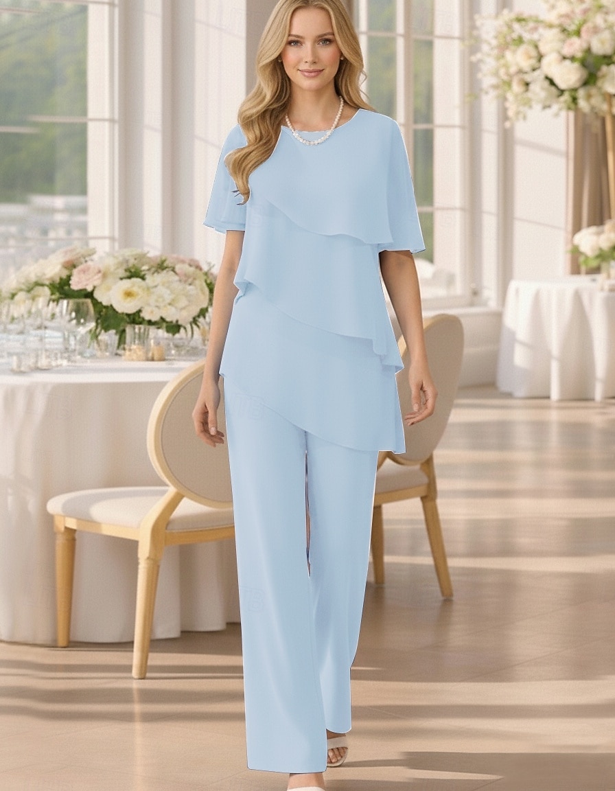 Tweedelig Broek Tot de grond Moeder van de bruid jurk Korte mouw Met sieraad Elegant Grote maten Bruiloft gast Chiffon met Gelaagde ruches 2026 - $160.99 –P9