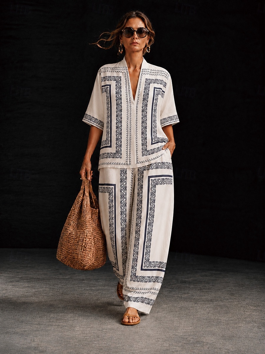 Damen Hemd Baumwoll-Leinen-Sets Hosen-Sets Kurzarm Dreiviertelarm V Ausschnitt Blumen Grafik Geometrisch Druck Urlaub Mode Streetwear Lässig Täglich Outdoor Weiß Beige Frühling & Sommer Lässiger 2026 - $55.99 –P2