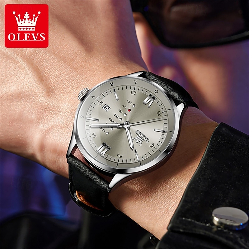 OLEVS Men's Luxury Watch Business Fashion Quartz Wristwatch Waterproof Leather Strap Blue Sunray Dial with Unique Day Date Display Luminous Hands Roman Numerals Dress Watch for Male Gift 2026 - $31.99 –P17